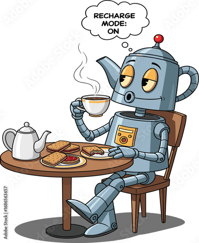 Cartoon robot with teapot head relaxing at table with tea, toast, sandwiches, recharge mode on, cozy vector illustration