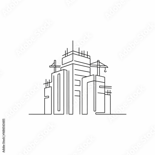 A continuous line drawing illustrates a modern city skyline under construction with cranes, symbolizing urban development and future growth.