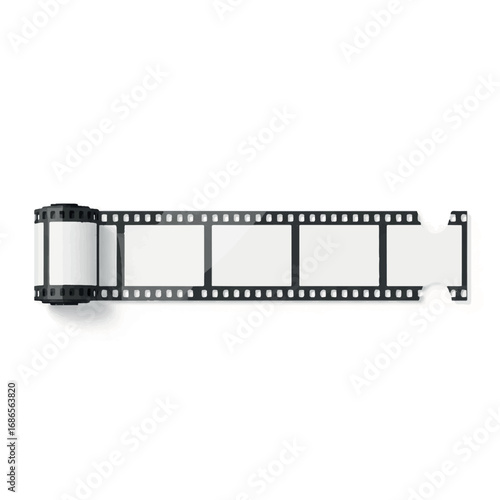 Film strip with blank frames and reel on white background.