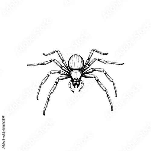 A detailed, realistic black and white illustration of a spider with eight legs and prominent fangs.