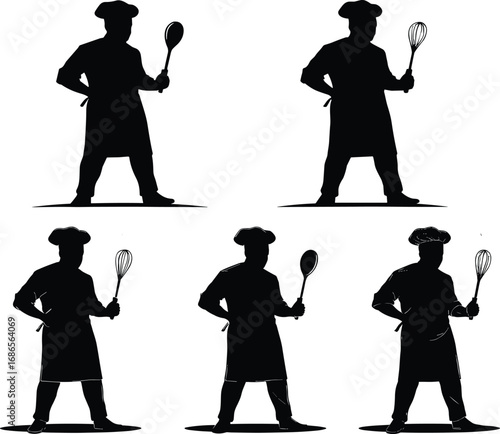 Chef silhouette set with whisk, confident kitchen poses in apron and hat, culinary vector for branding, design, and illustration reference