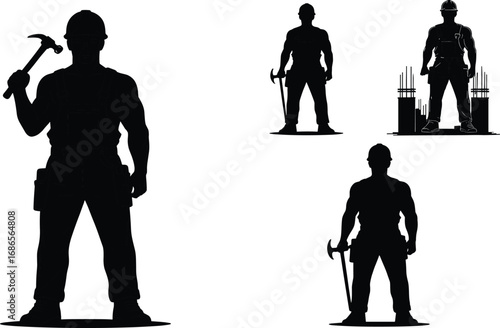 Construction worker silhouette set, hammer poses with strong stances, industrial labor vector for strength, anatomy, and design reference
