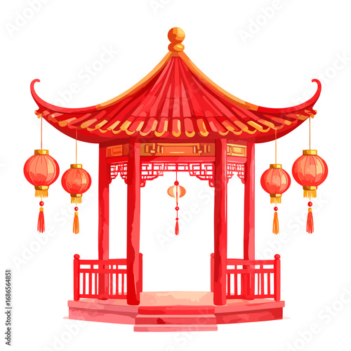 Traditional Chinese Red Pagoda Gazebo with Hanging Lanterns.