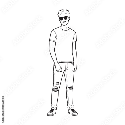 Handsome Man Black and White Illustration Vector Image Male Portrait Fashion Sketch Line Art Design