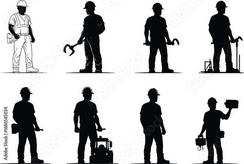 Construction worker silhouette set, tools and equipment poses, industrial labor vector for occupation, anatomy, and design reference illustration