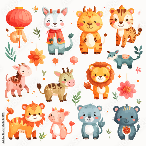 Adorable collection of cute watercolor safari and jungle animals.