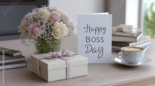 Gift box and flowers with card for Boss's Day celebration  