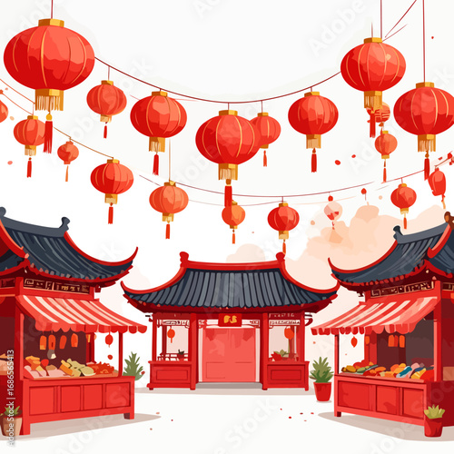 Festive Chinese Market Stalls Under Hanging Red Lanterns.