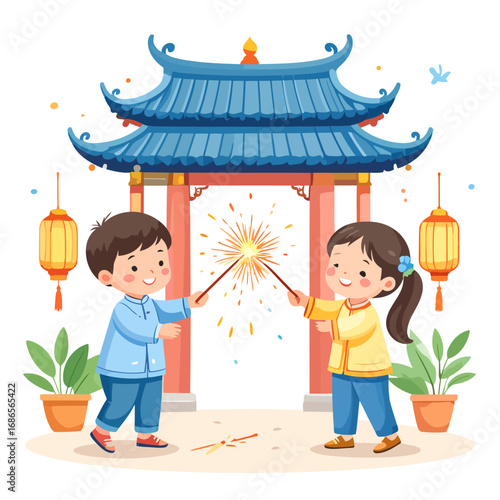 Joyful Children Celebrating with Sparklers in Front of Traditional Chinese Architecture.
