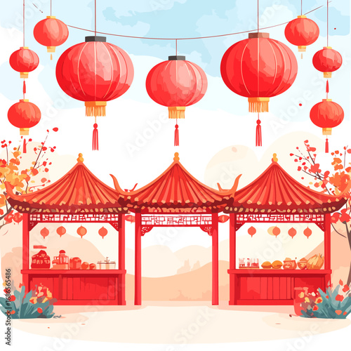 Traditional Chinese New Year Market Stalls with Red Lanterns.