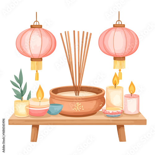 Traditional Asian Altar with Incense Burner and Pink Lanterns.