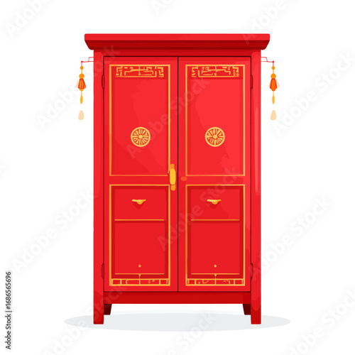 Elegant Red Chinese Cabinet with Golden Details and Cultural Significance.