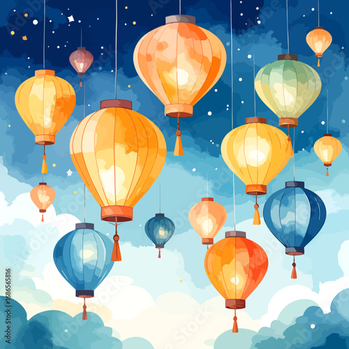 Colorful glowing lanterns hanging in the sky.