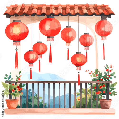 Festive Red Lanterns Hanging from a Balcony for Chinese New Year.