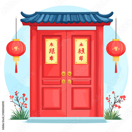Ornate Red Chinese Door with Lanterns and Floral Accents.