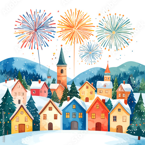 Charming Winter Village Celebration with Festive Fireworks Display.