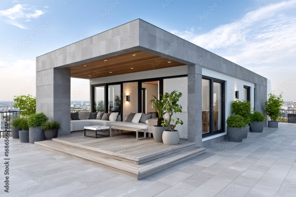 Fototapeta premium Modern rooftop penthouse with wooden decking overlooking cityscape