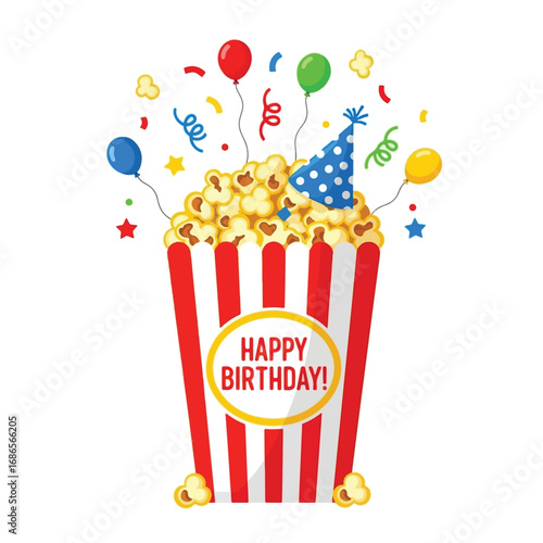 A festive popcorn bucket overflowing with popcorn, balloons, confetti, and a birthday hat, celebrating a happy birthday.