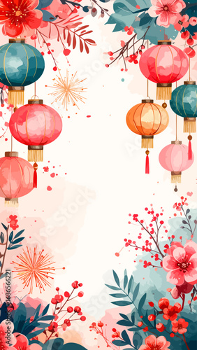 Watercolor Chinese Lanterns and Floral Arrangement for Lunar New Year.