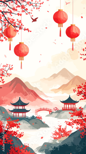 Chinese Landscape with Pagodas and Lanterns in Watercolor Style.