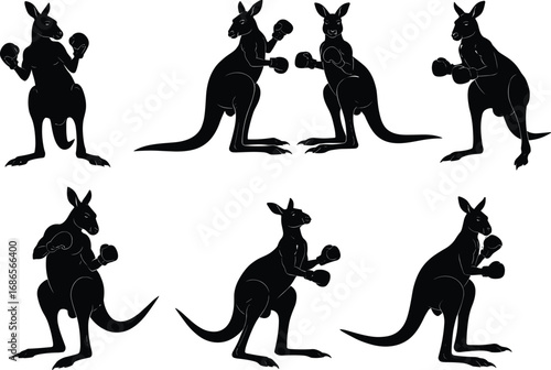 Kangaroo boxing silhouette set, playful fighting poses with raised fists, animal vector for humor, nature, and design reference