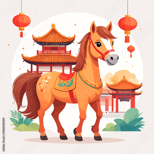 Cute cartoon horse with saddle and bridle in traditional Chinese setting.