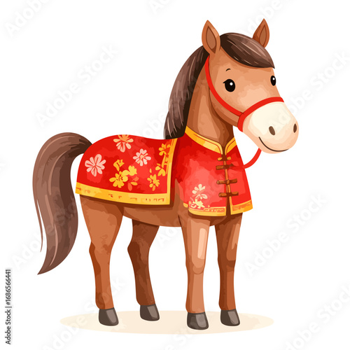 Adorable Chinese Horse in Traditional Outfit.