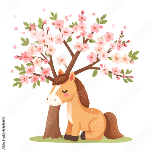 Cute cartoon horse sitting under a blooming cherry blossom tree.