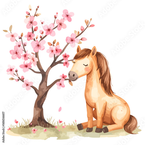 Adorable watercolor illustration of a cute pony sitting peacefully.