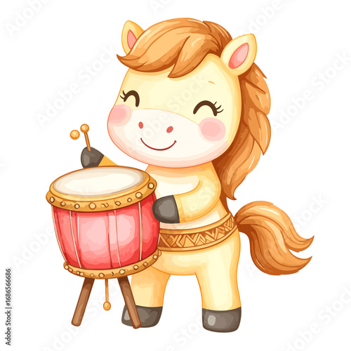 Adorable Cartoon Horse Playing a Drum with Joyful Expression.