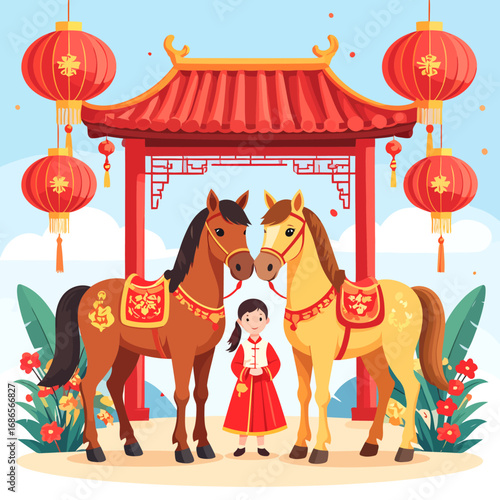 Two decorated horses and a girl stand in front of a Chinese gate.