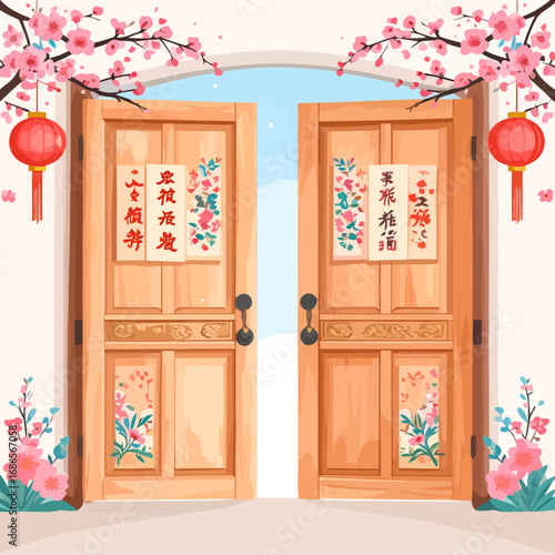 Traditional Chinese New Year wooden doors with festive decorations and cherry blossoms.