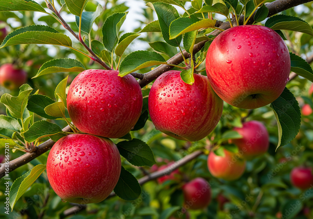Obraz premium Bunch of ripe apples close-up, growing on apple tree branches