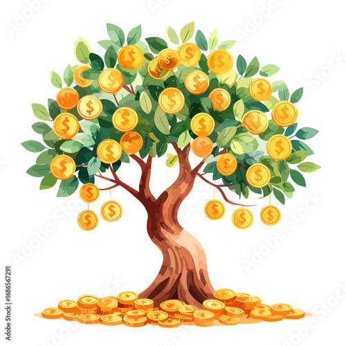 Vibrant watercolor illustration of a flourishing money tree with golden coins.