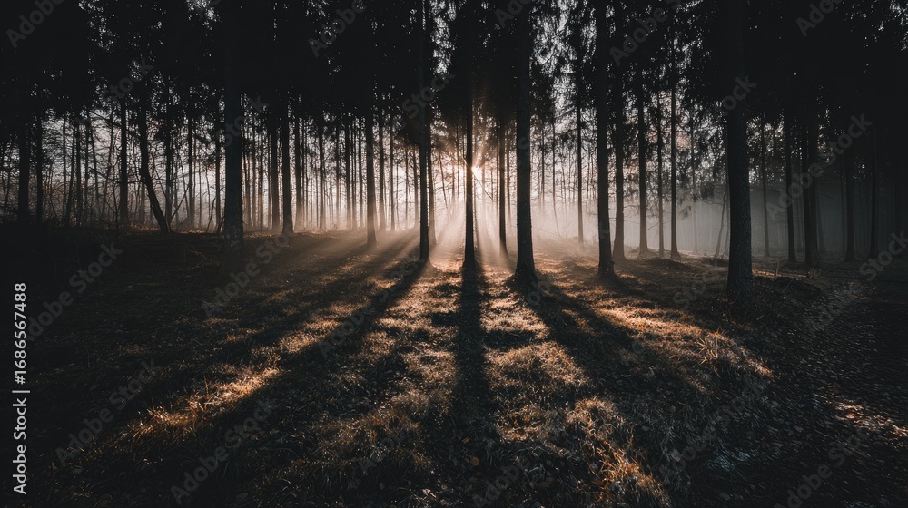 Fototapeta premium Sunbeams stream through dark forest, casting long shadows