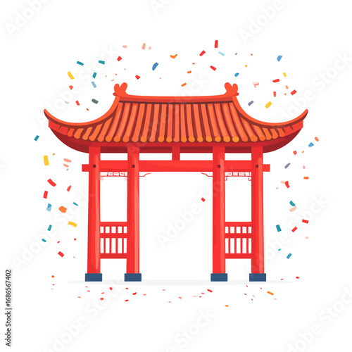 Traditional Red Chinese Gate Ornate Roof Asian Architecture.