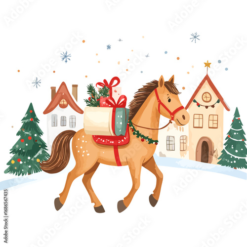 Charming watercolor Christmas horse carrying festive gifts.