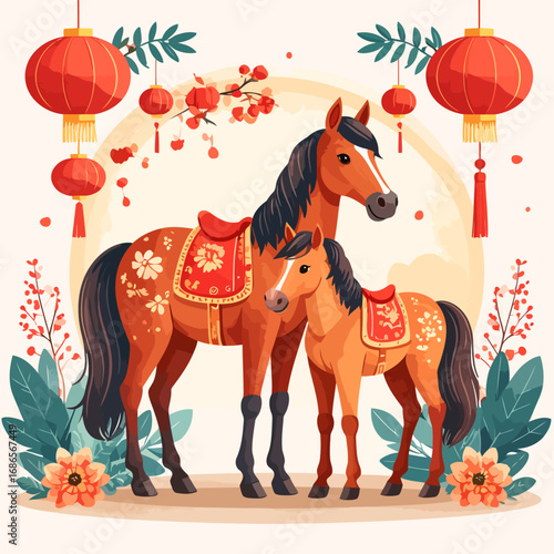 Two horses one adult and one foal decorated with floral patterns.