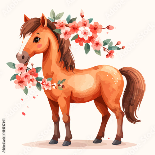 Cute brown horse adorned with beautiful pink flowers.