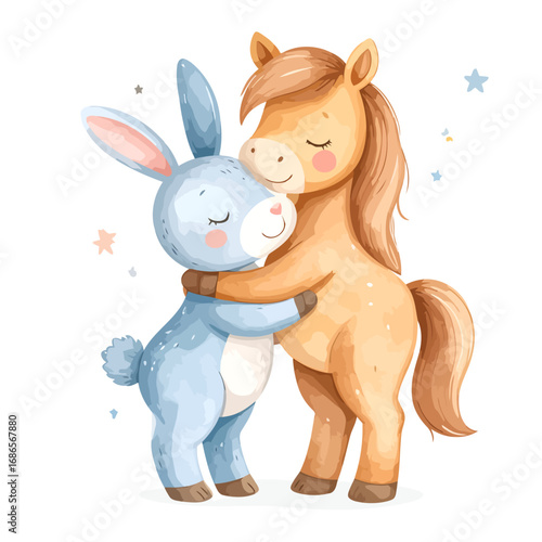 Adorable Watercolor Illustration of a Horse and Rabbit Hugging Tenderly.