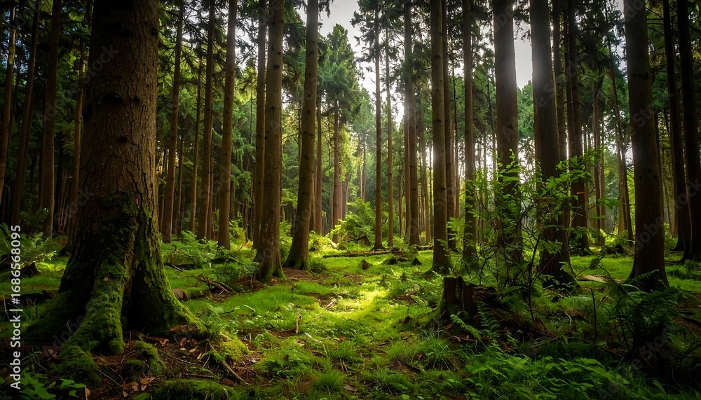 Fototapeta premium Sunlit path through mossy forest (1)