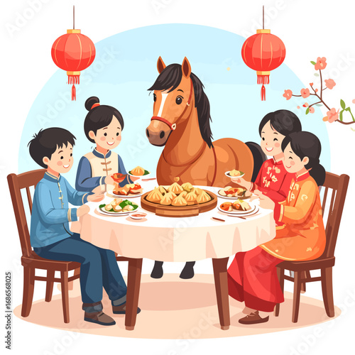 Family celebrating chinese new year with horse.