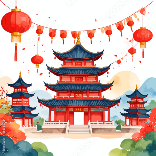 Traditional Chinese Pagoda Architecture with Red Lanterns.
