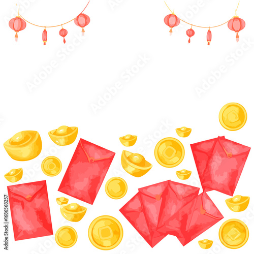 Festive Chinese New Year Decorations with Red Envelopes and Golden Ingots.