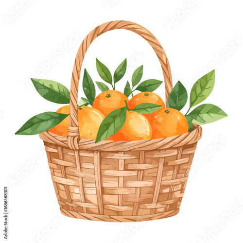 Watercolor basket of fresh oranges with green leaves.