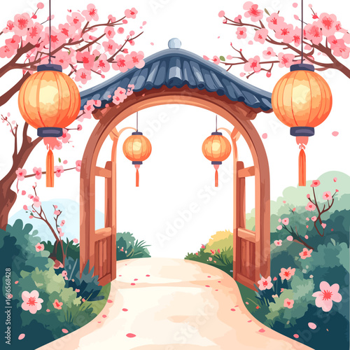 Ornate Wooden Archway with Hanging Lanterns.
