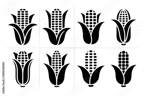 Collection of Eight Black Corn Icons on White Background