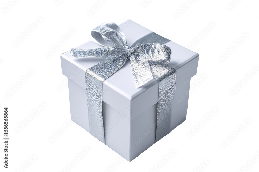 Fototapeta premium A white gift box with a silver ribbon and bow