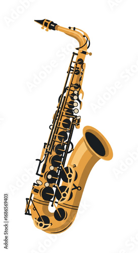 Golden Brass Saxophone Musical Instrument Isolated on White Background.