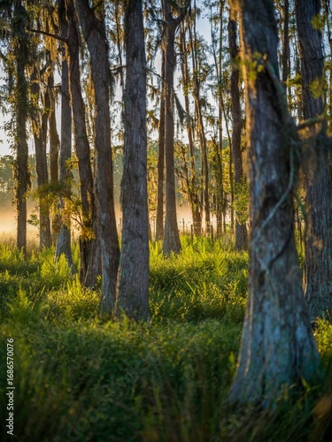 Tranquil forest with morning mist.